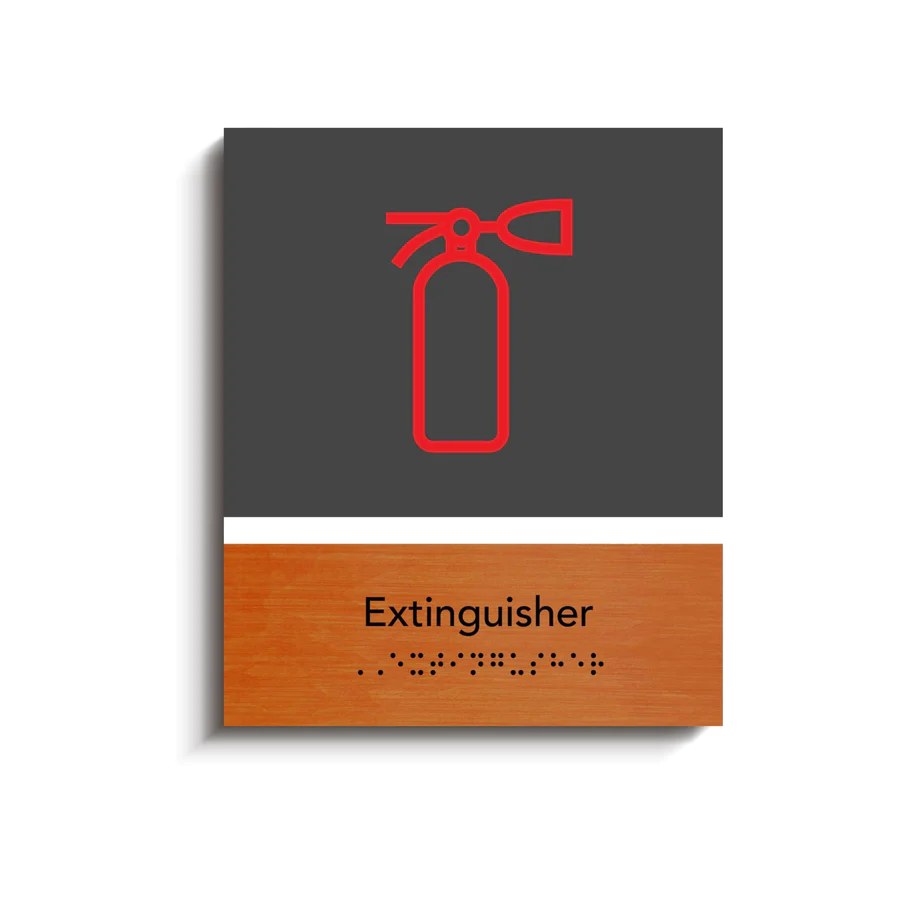 Табличка із піктограмою вогнегасника та шрифтом Брайля