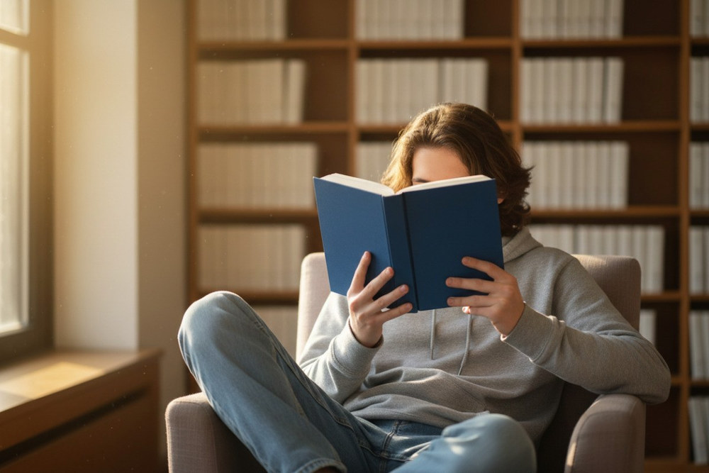 Підліток читає книжку в затишному куточку бібліотеки